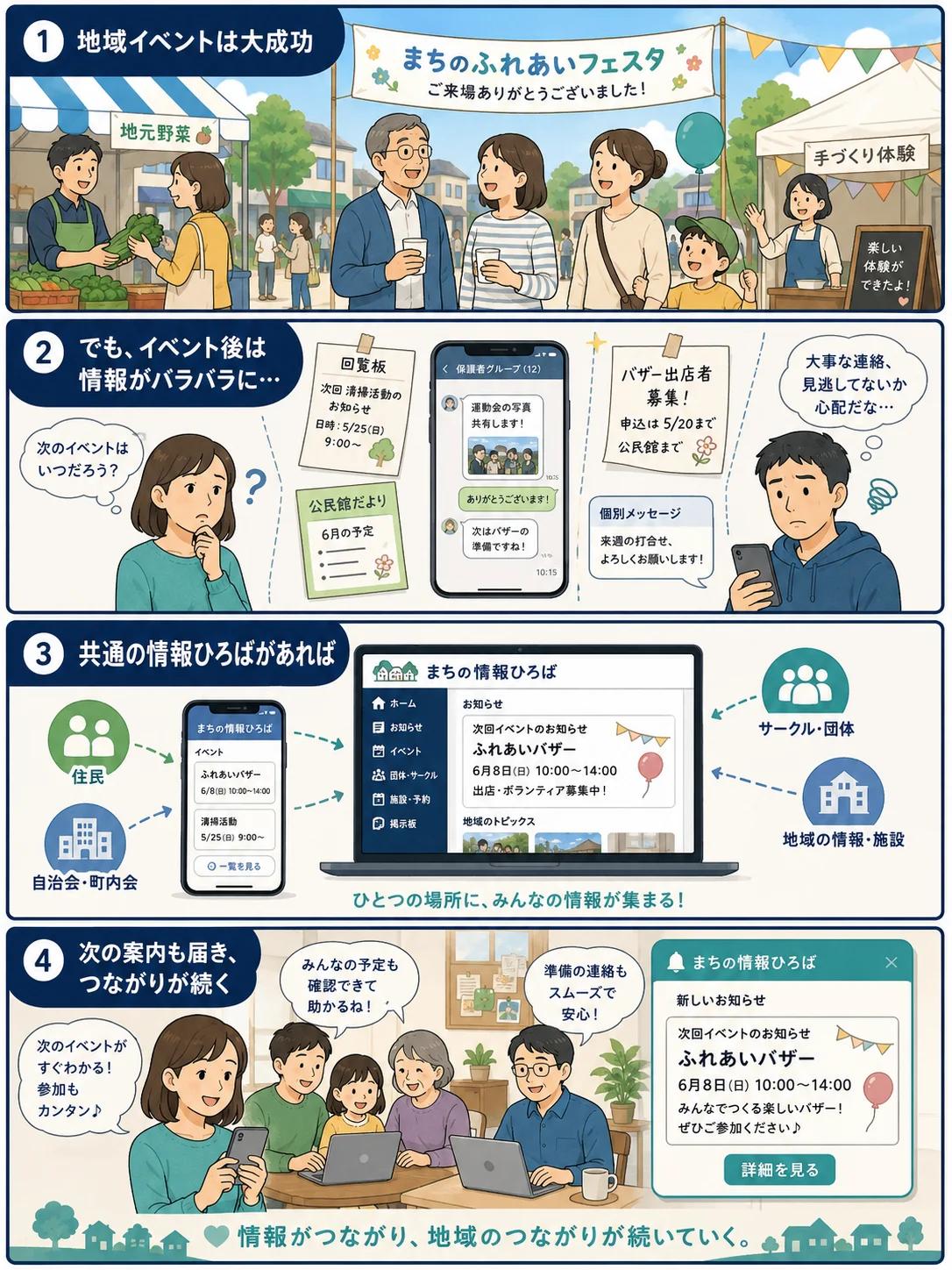 イベント後に接点が散らばる課題と、同じ場で続ける解決の4コマ