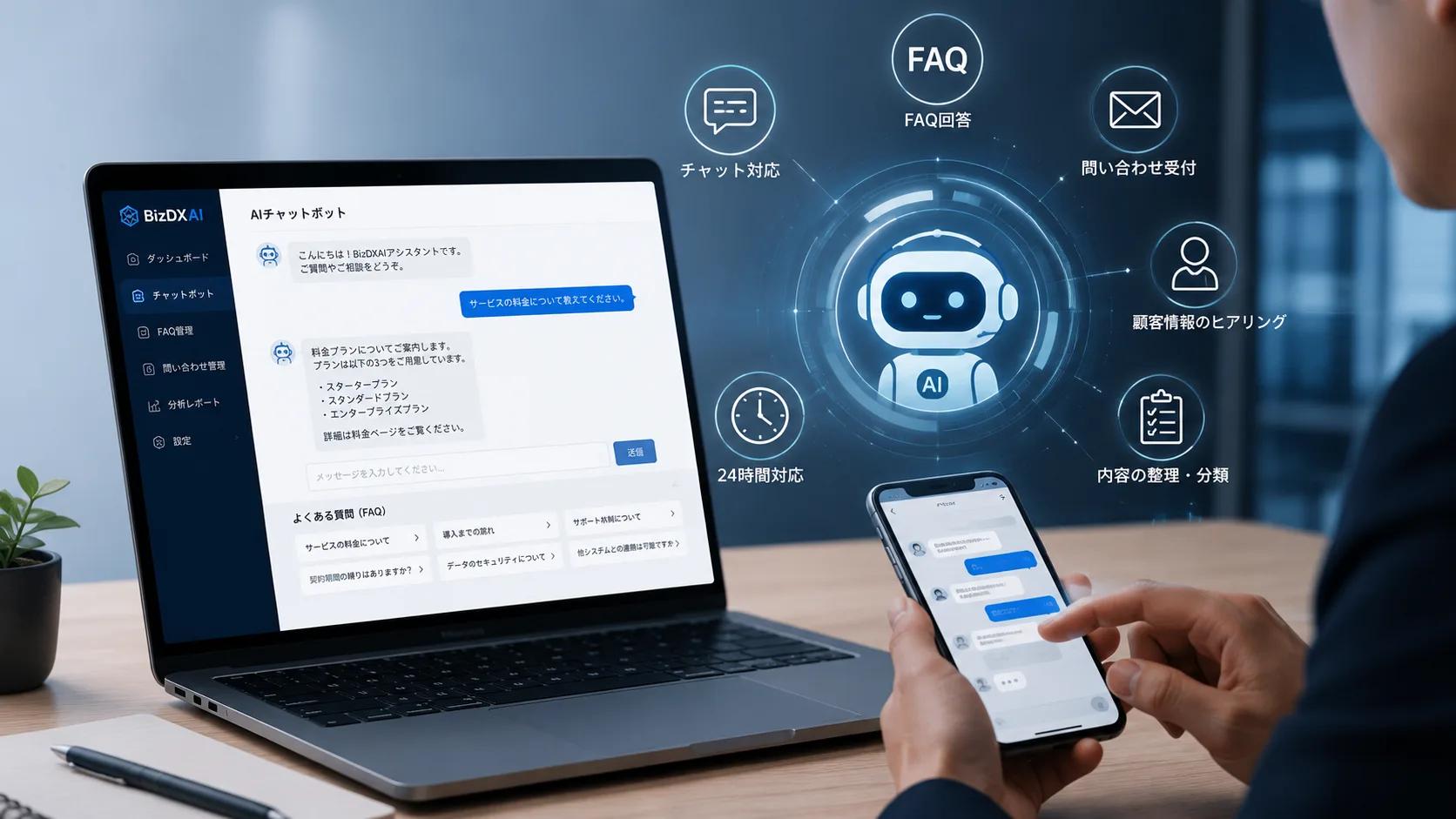 AIチャットボットデモ — Webとスマホでの問い合わせ対応・FAQ連携のサンプル画面