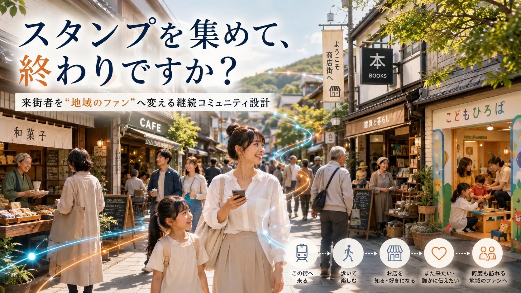 商店街を訪れた親子が店舗や店主との出会いを楽しみ、街を巡る体験から地域のファンへつながっていく継続コミュニティ設計のイメージ
