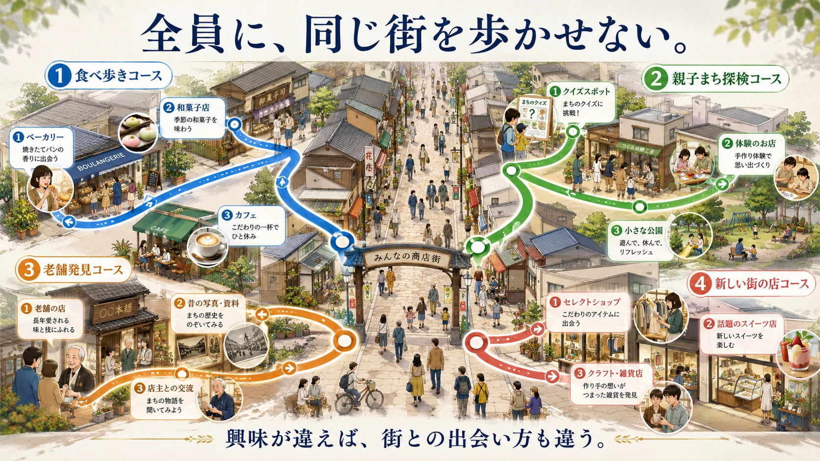 商店街を4つのテーマ別コースに分け、食べ歩き、親子体験、老舗発見、新しい店巡りをそれぞれの興味に合わせて楽しむ地域回遊のイメージ