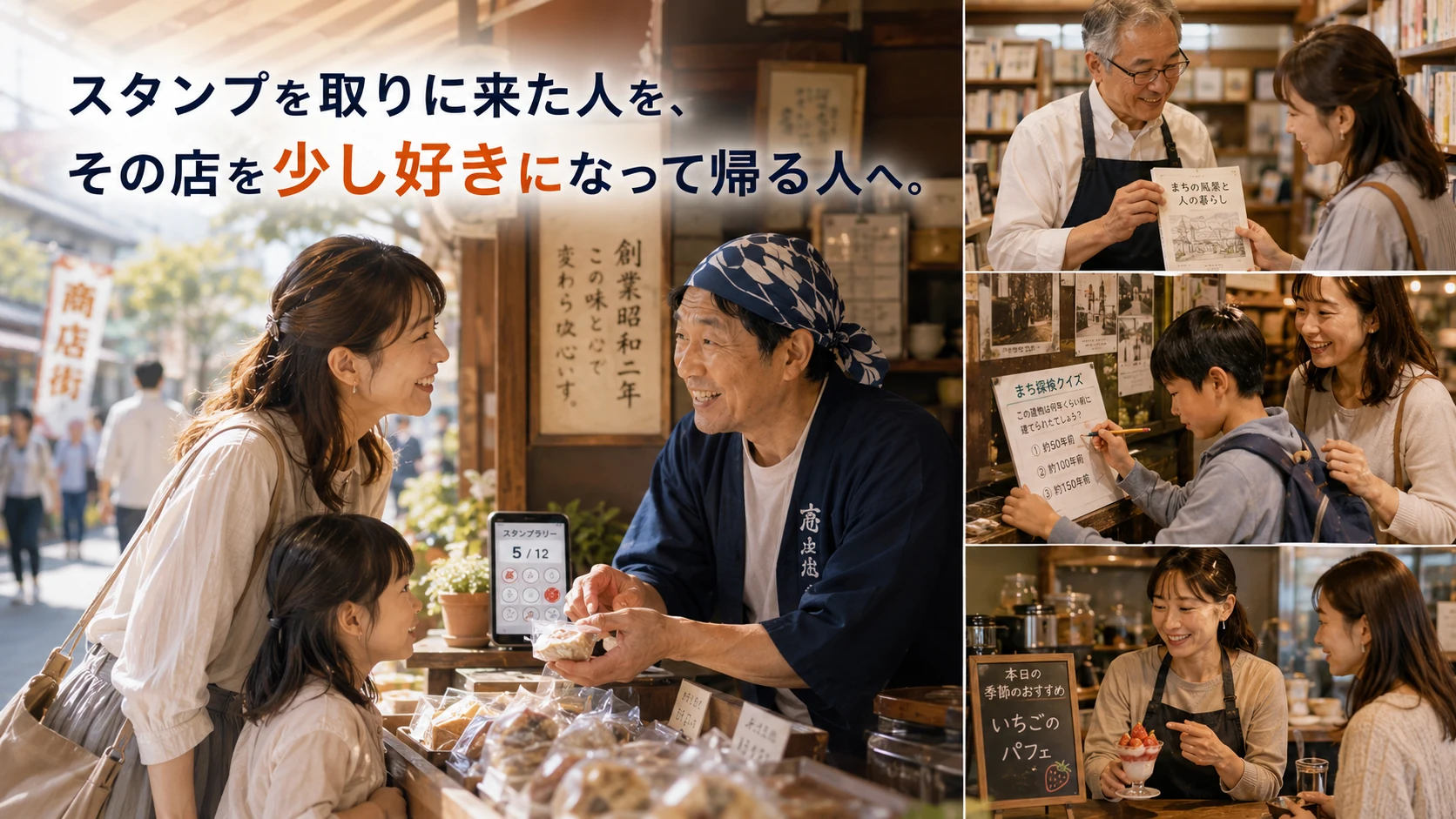 商店街の来街者が老舗店主との会話や地域の歴史、親子クイズ、季節商品を通じて店の魅力を知り、地域との関係を深める様子