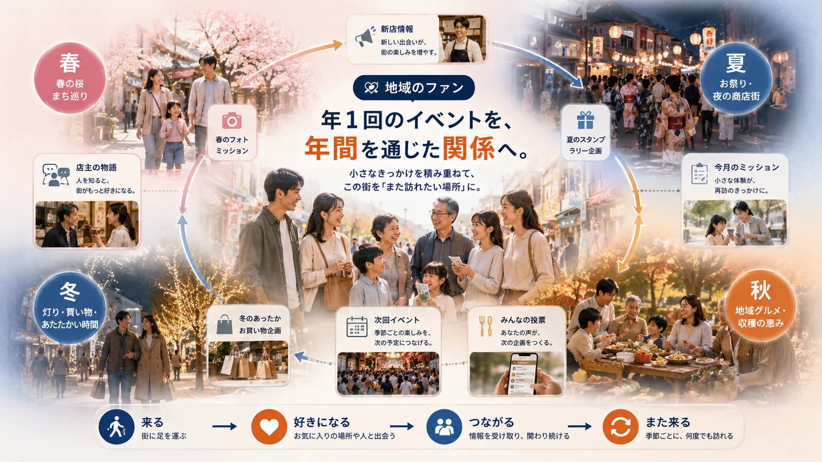 商店街の春夏秋冬のイベントや地域企画を通じて、来街者が街を好きになり、地域とつながり、何度も再訪する継続コミュニティの年間循環