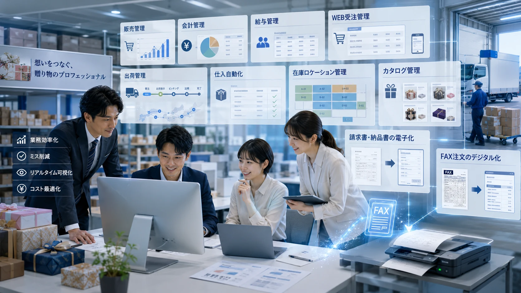 ギフト卸売業のオフィス兼物流現場で、販売管理・会計管理・給与管理・Web受注・在庫ロケーション管理・請求書電子化・FAX注文デジタル化を統合した基幹システム刷新のイメージ