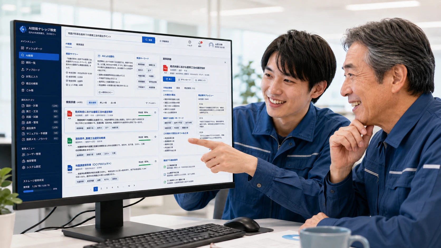 AI技術ナレッジ検索システムを見ながら、若手技術者と熟練技術者が過去資料や技術知見を確認している様子。