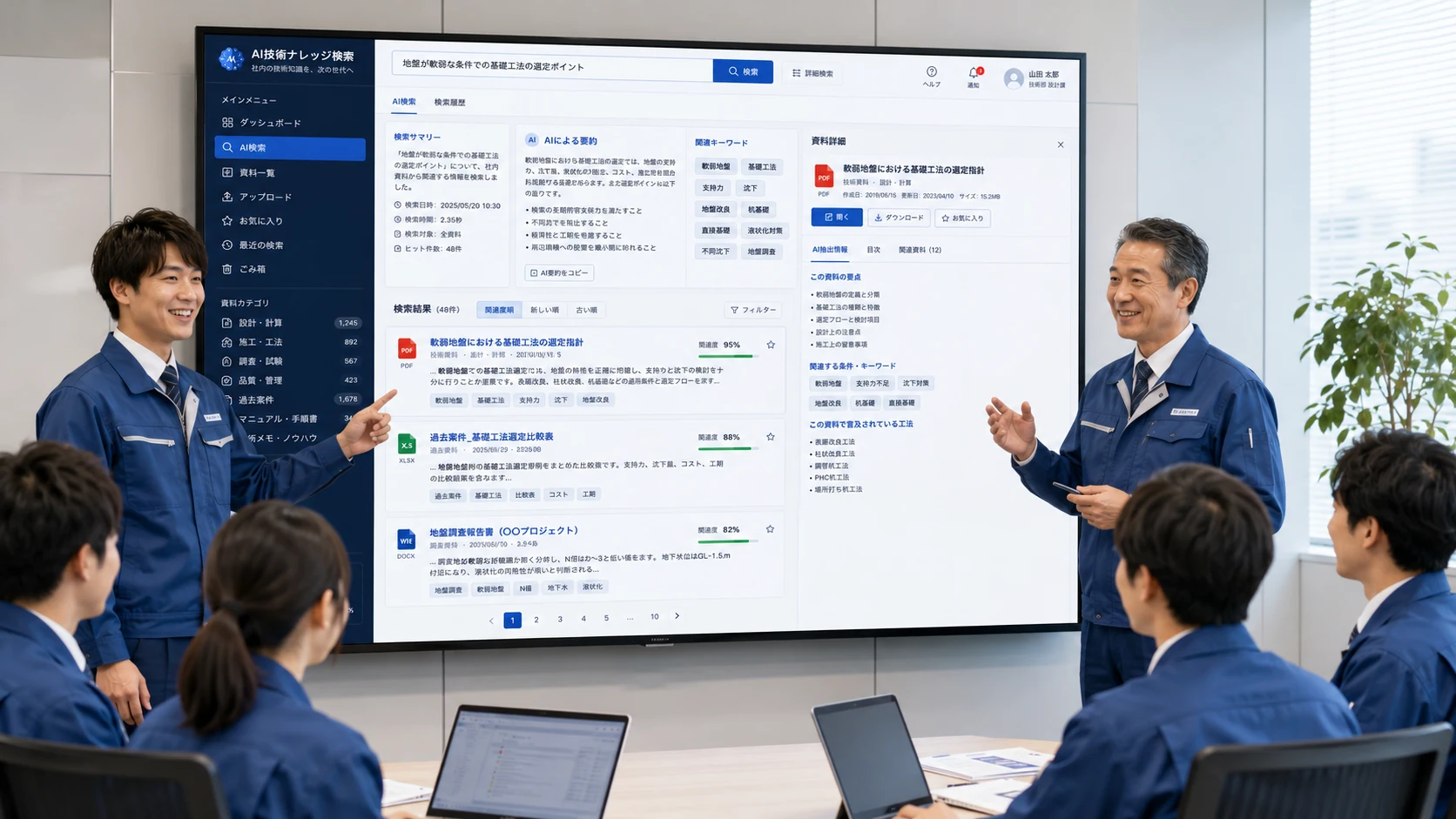 AI技術ナレッジ検索システムを使い、熟練技術者と若手社員が過去資料や技術知見をチームで共有している様子。