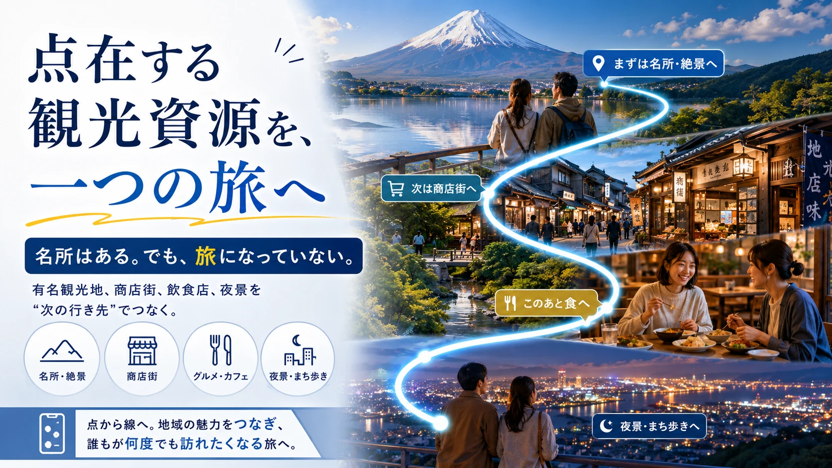 有名観光地から商店街、飲食店、夜景へと一本の旅のラインでつなぎ、地域全体を巡る観光体験を示したイメージ
