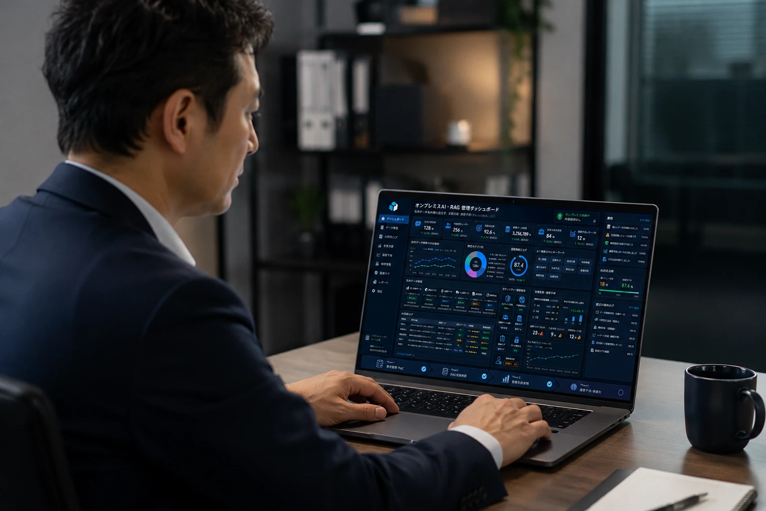 オンプレミスAI・RAG管理ダッシュボードをノートPCで確認するビジネス担当者。社内データ活用、AI回答ログ、営業支援、需要予測を管理する画面が表示されている。