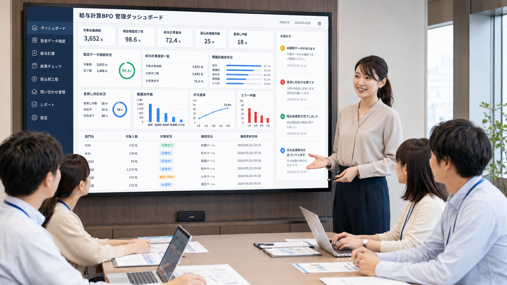 大規模病院向け給与計算BPO管理ダッシュボードを会議室で説明している様子。勤怠確認完了率、給与計算進捗、差戻し件数、部署別処理状況、振込前確認を大型モニターで共有している画面イメージ。