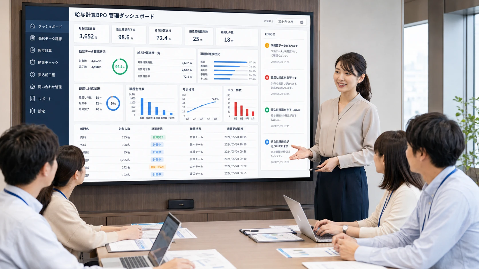 大規模病院向け給与計算BPO管理ダッシュボードを会議室で説明している様子。勤怠確認完了率、給与計算進捗、差戻し件数、部署別処理状況、振込前確認を大型モニターで共有している画面イメージ。