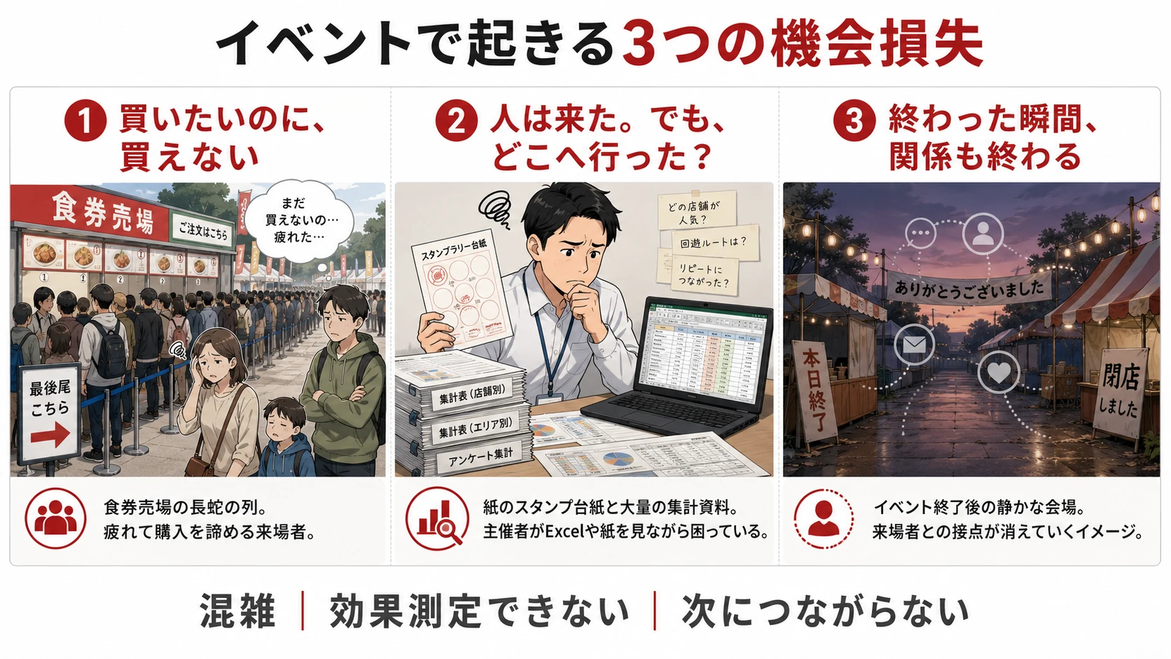 地域イベントで起きる「混雑で購入を諦める」「来場者の回遊や効果を測定できない」「イベント後に参加者との接点が途切れる」という3つの機会損失を示した図