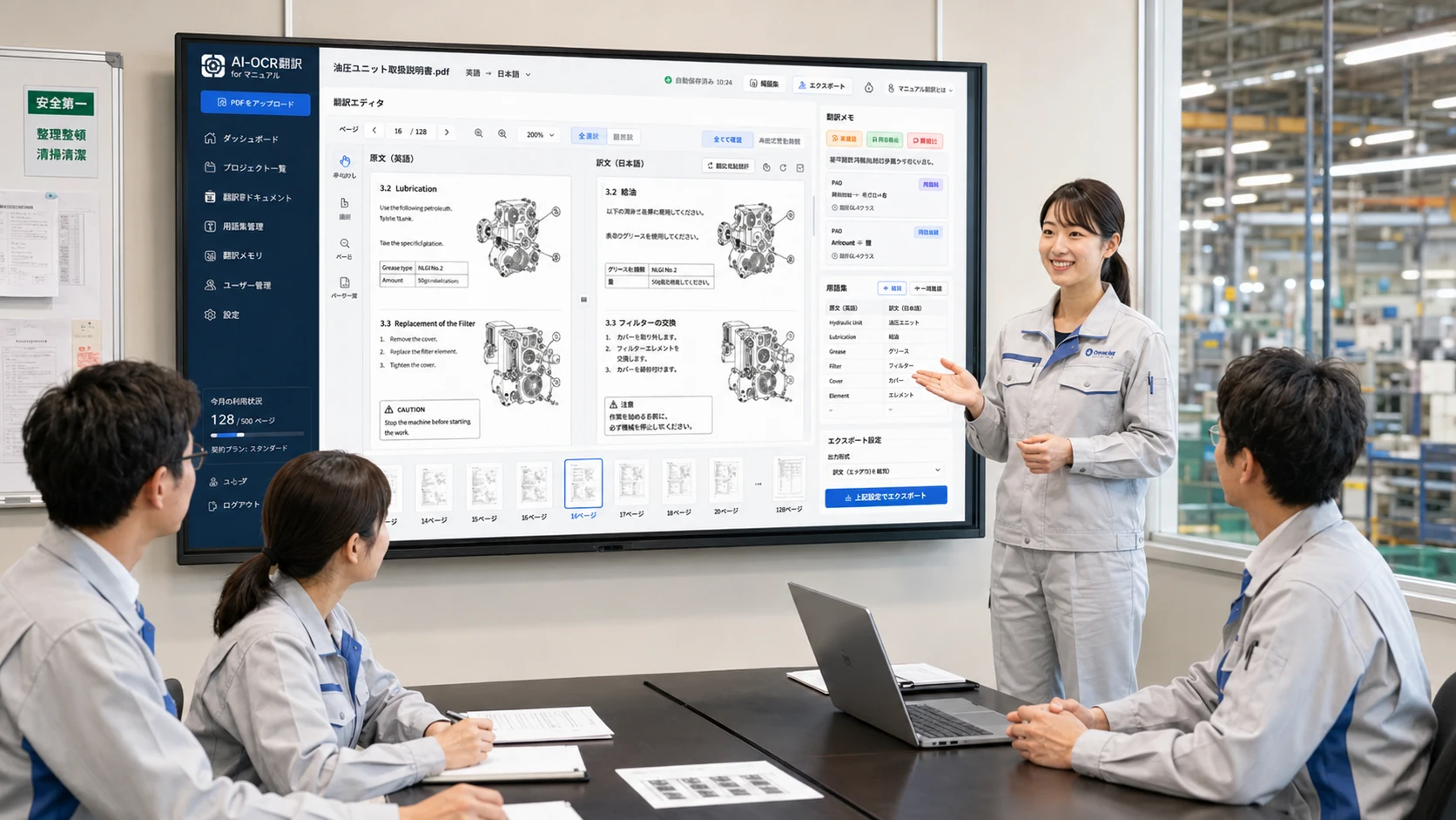 製造工場内の会議室で、作業服を着た若い女性担当者がAI-OCR翻訳ツールの画面を大型モニターに表示し、社員へ使い方を説明している様子